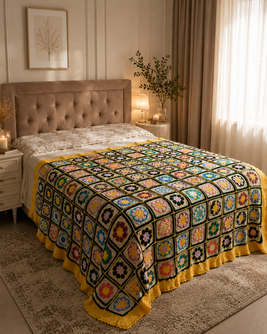 Room view of the multicolour HEIRLOOM crochet blanket covering a bed in a softly lit neutral interior.