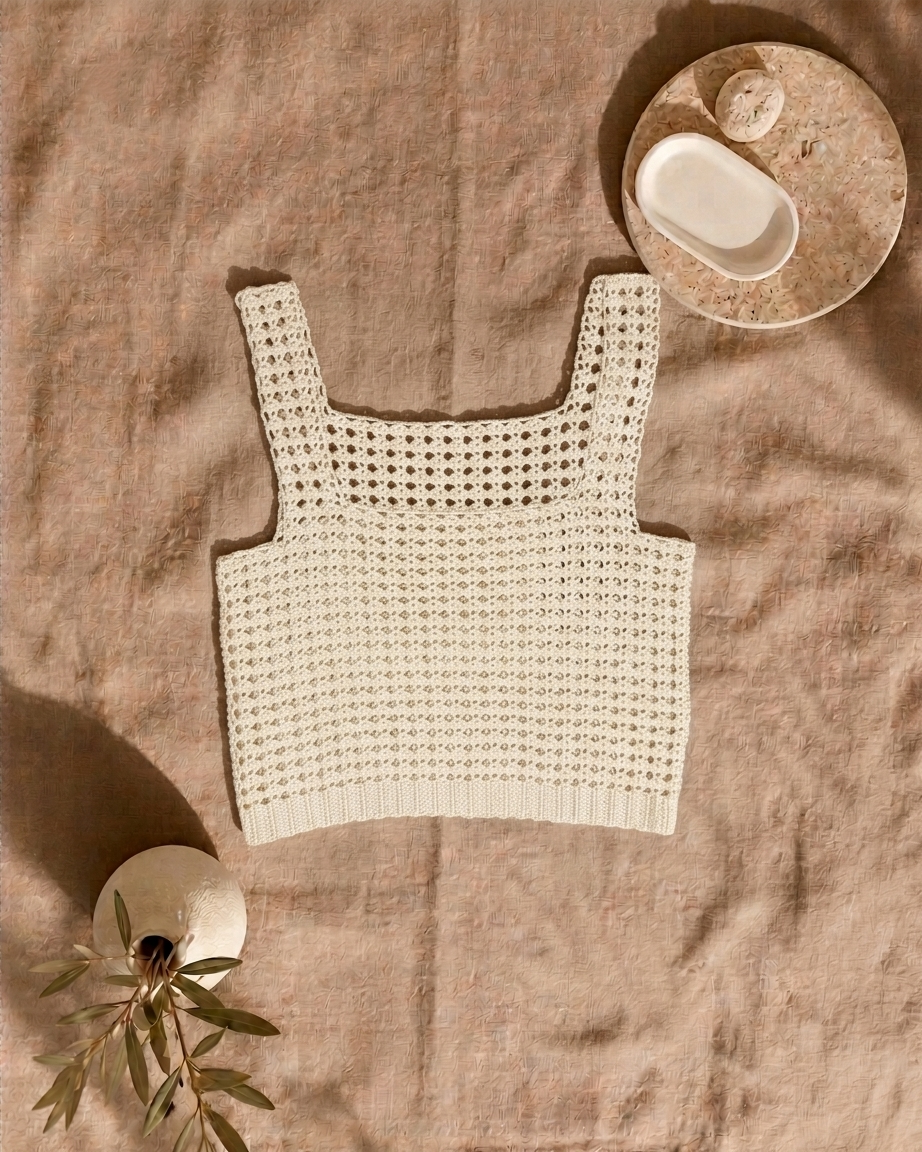 Ivory crochet tank top laid flat on a neutral textile, showing its wide straps and gently shaped body.