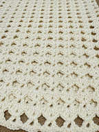 Detailed view of the lower crochet texture and openwork pattern worked in ivory Alize Diva yarn.