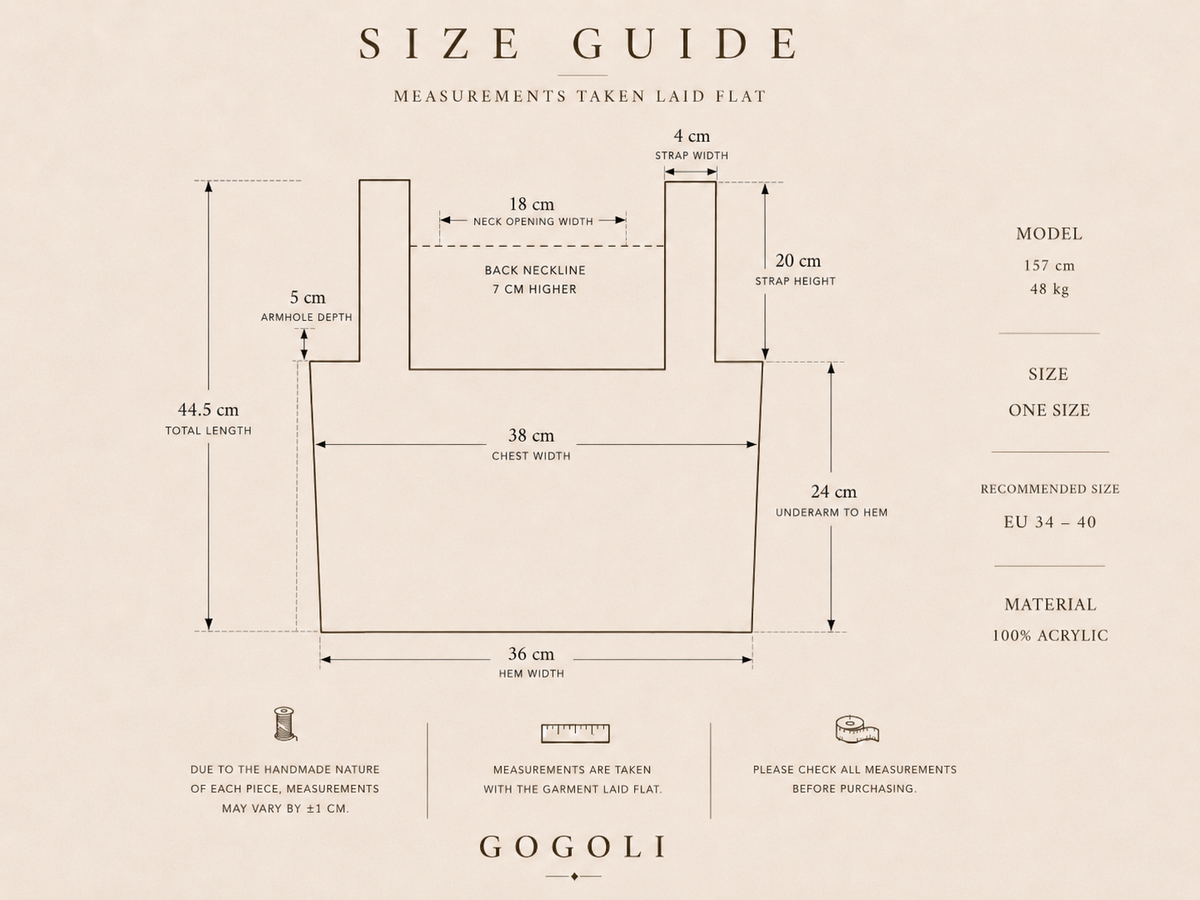 Size guide for the handmade ivory crochet tank top with laid-flat measurements and recommended EU sizes 34 to 40.