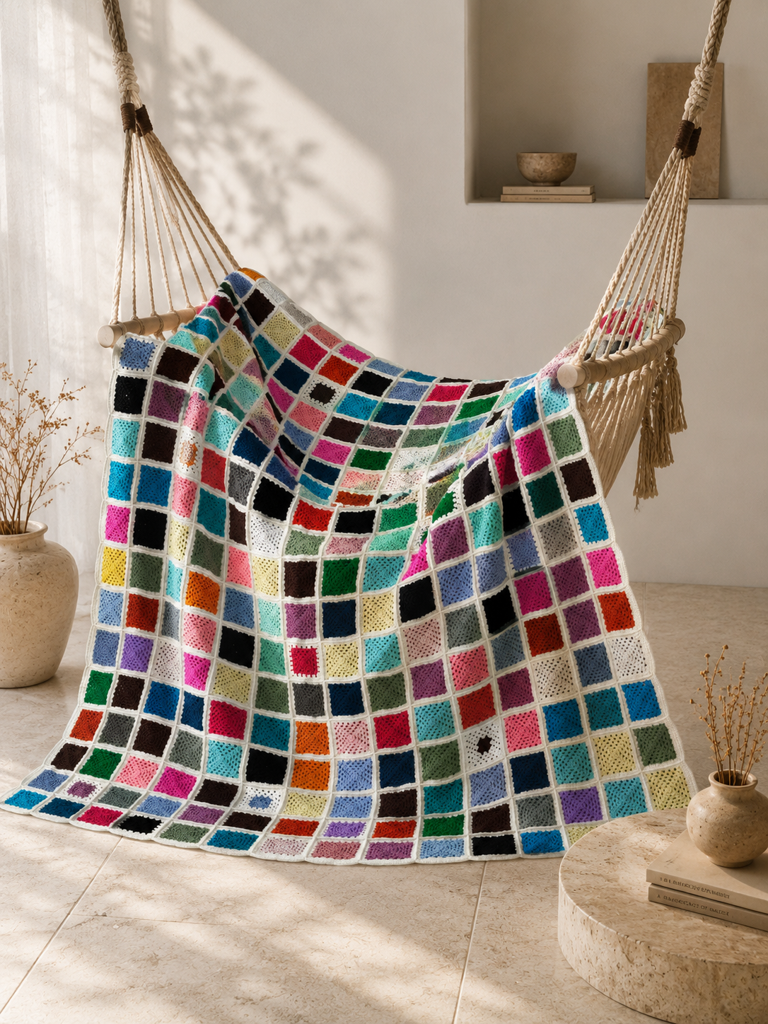 Large handmade multicolour crochet motif blanket held open to show its full scale and rectangular shape.