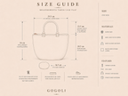 Measurement guide for the GOGOLI paper yarn handbag showing 29.5 cm top width, 34 cm total height and 16.5 cm oval base.