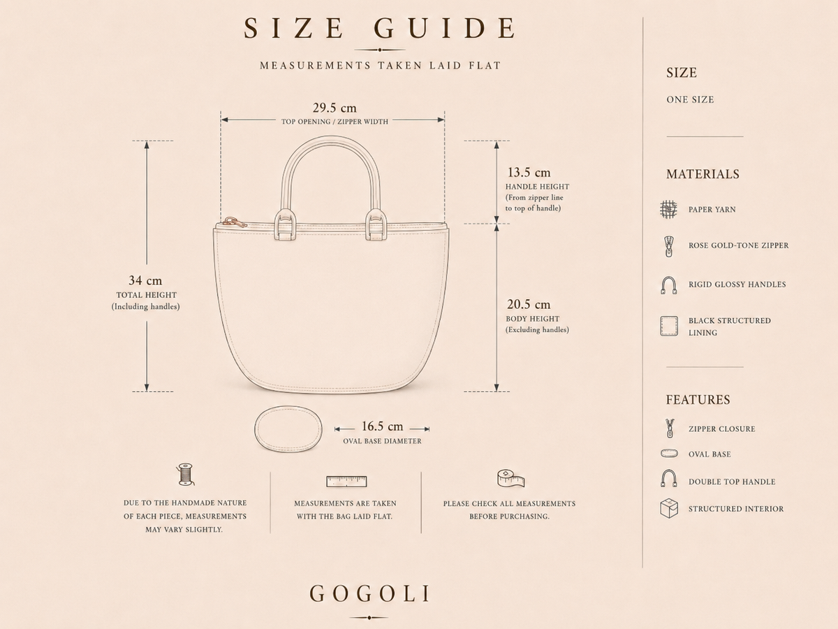 Measurement guide for the GOGOLI paper yarn handbag showing 29.5 cm top width, 34 cm total height and 16.5 cm oval base.