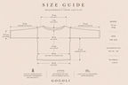 Size guide for the handmade long-sleeve crochet crop top with laid-flat garment measurements and recommended EU sizes 34 to 40.