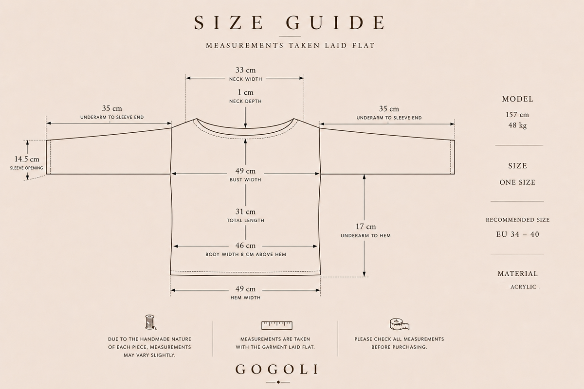 Size guide for the handmade long-sleeve crochet crop top with laid-flat garment measurements and recommended EU sizes 34 to 40.