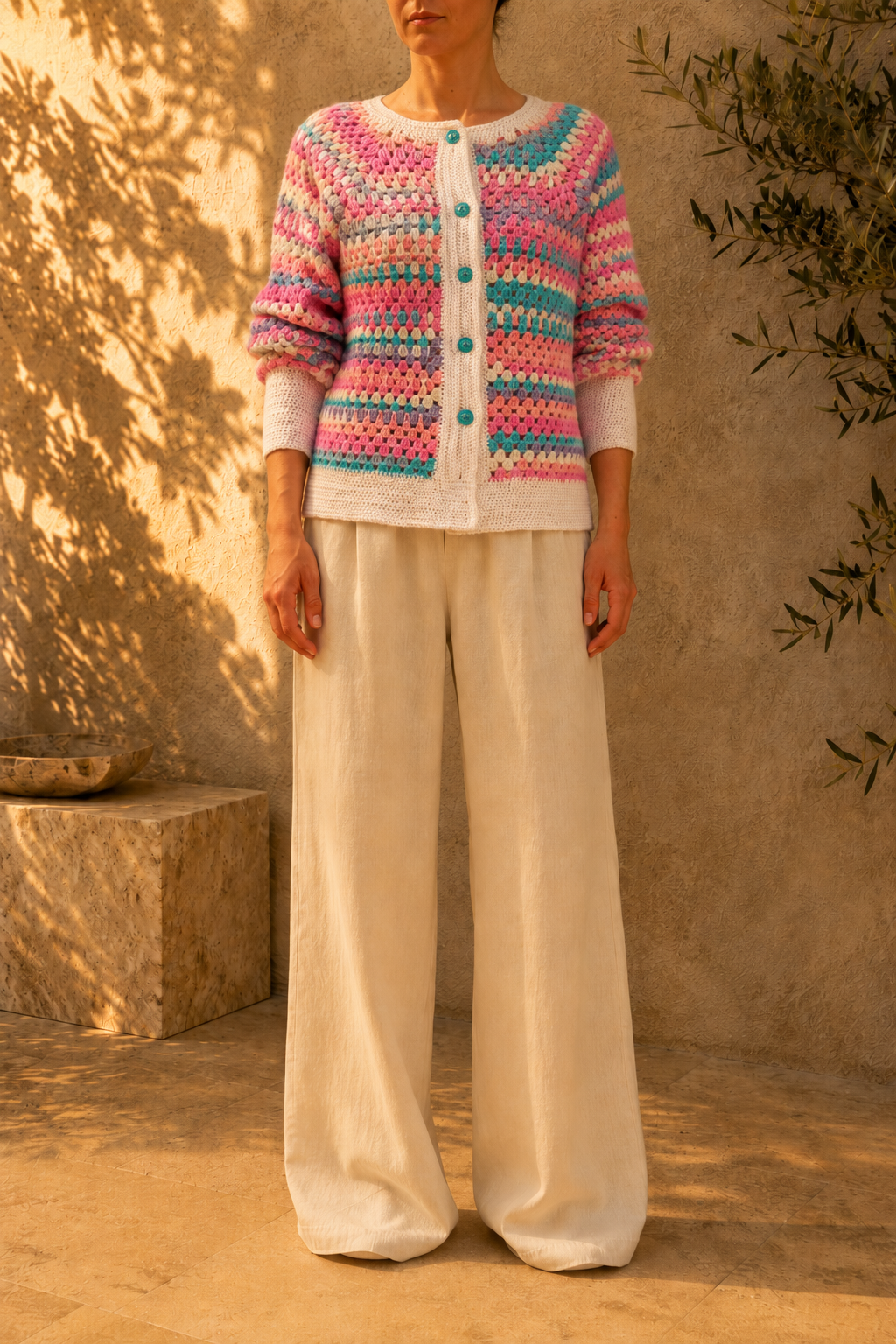 Front view of the multicolour striped crochet cardigan showing its round neckline, white button placket and relaxed silhouette.