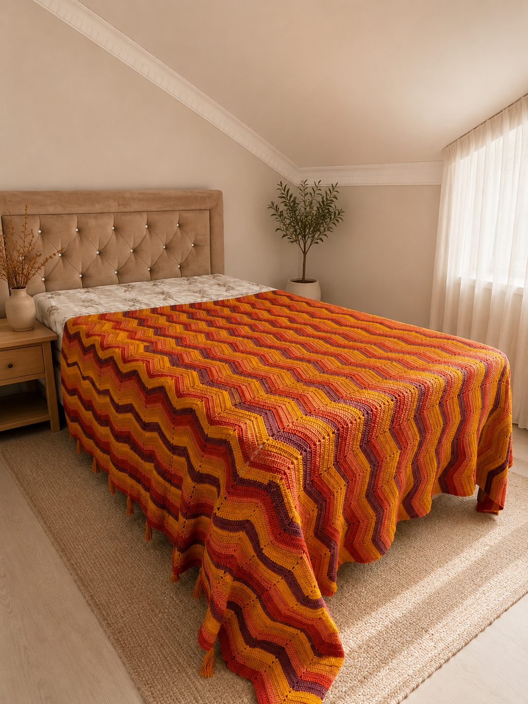 Large handmade multicolour chevron crochet blanket draped across a bed in a warm neutral bedroom.