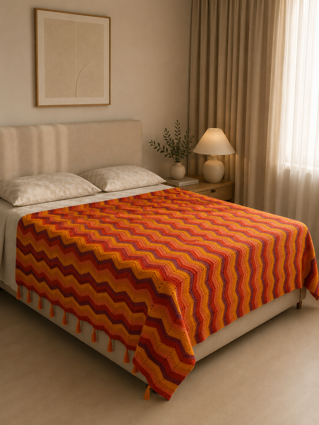 Handmade multicolour chevron crochet blanket displayed across a bed, showing its generous size and zigzag pattern.