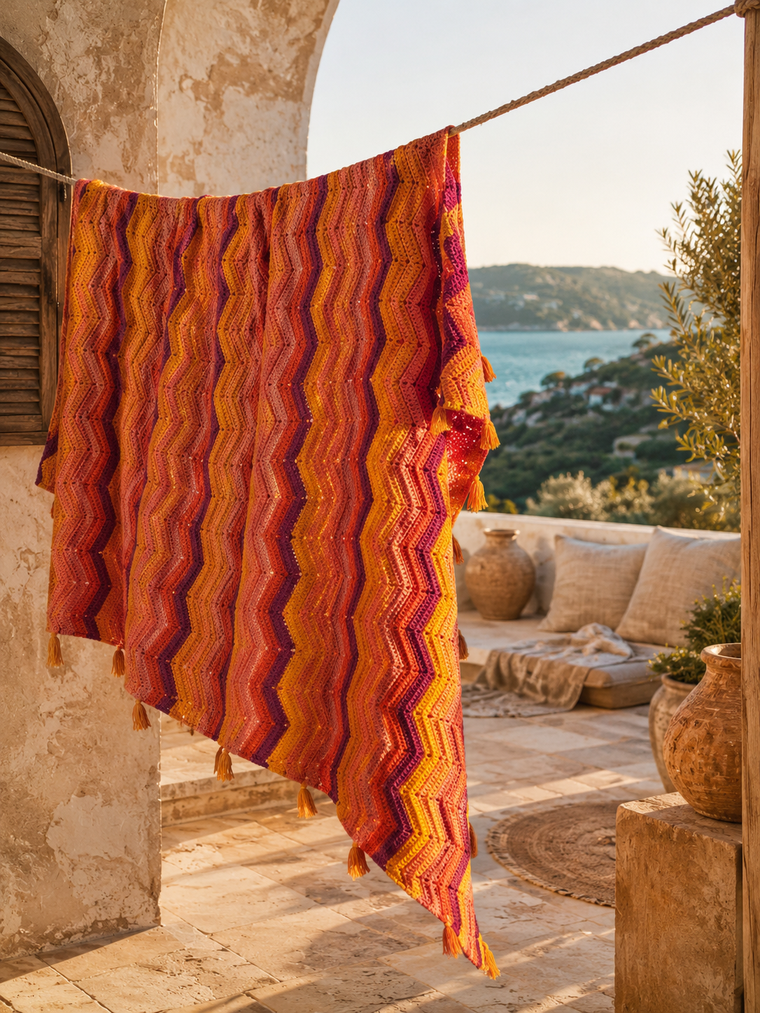 Full view of the multicolour chevron crochet blanket hanging outdoors in warm natural light.