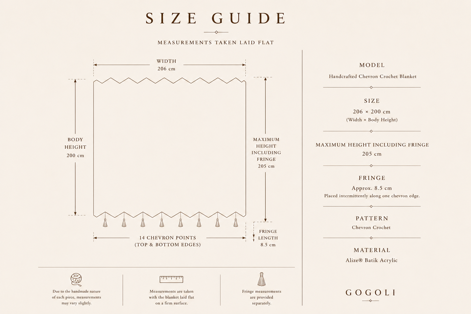 Size guide for the handmade chevron crochet blanket, showing a width of 206 centimetres and body height of 200 centimetres.