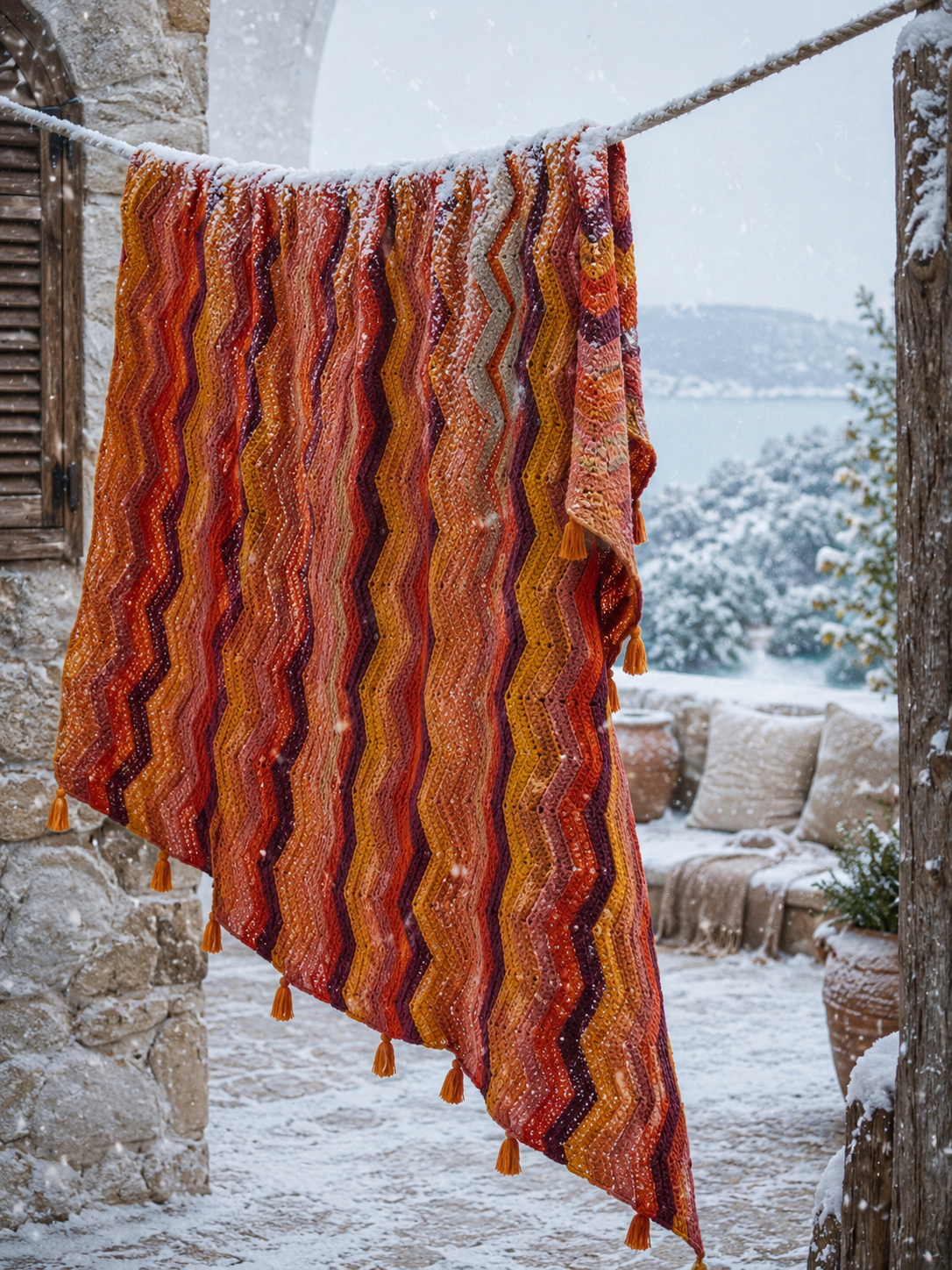 Large handmade chevron crochet blanket hanging outdoors against a snowy winter landscape.