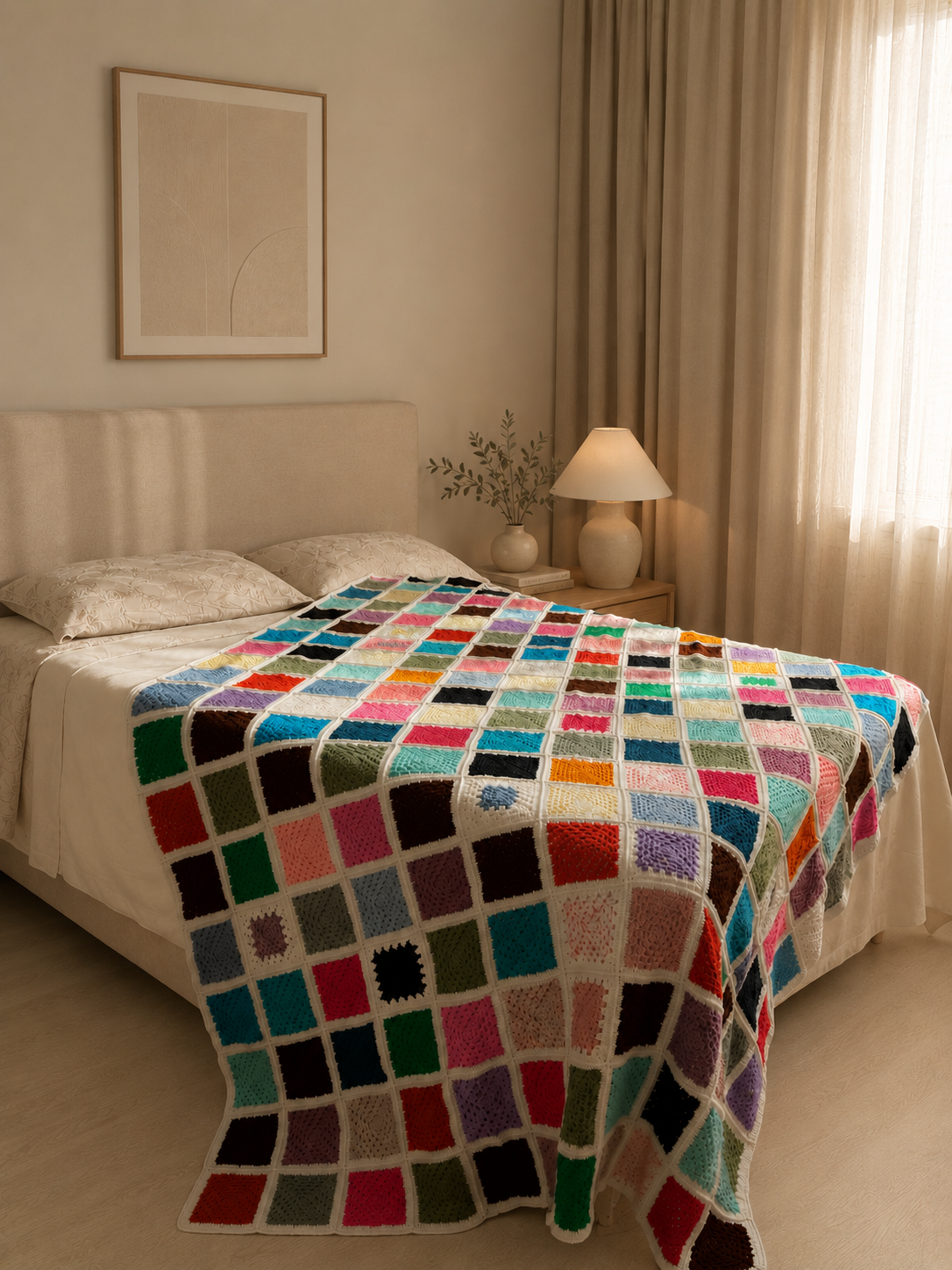 Angled view of the large multicolour crochet blanket draped over the side of a bed.