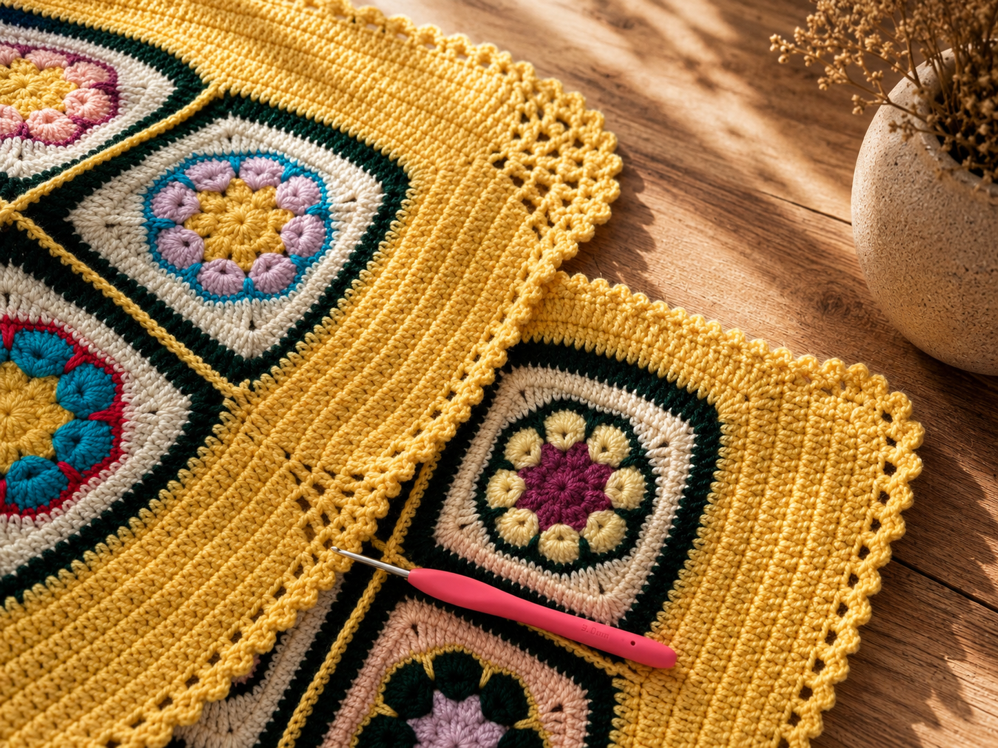 Close-up of the warm yellow crochet border surrounding the dark-framed multicolour floral motifs.