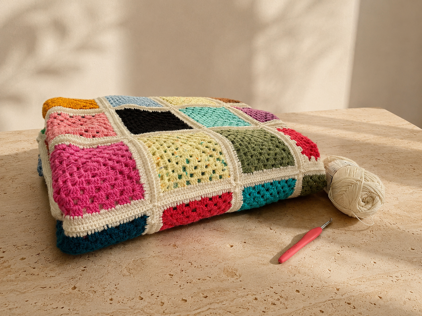Handmade multicolour crochet blanket folded horizontally on a travertine table beside yarn and a crochet hook.