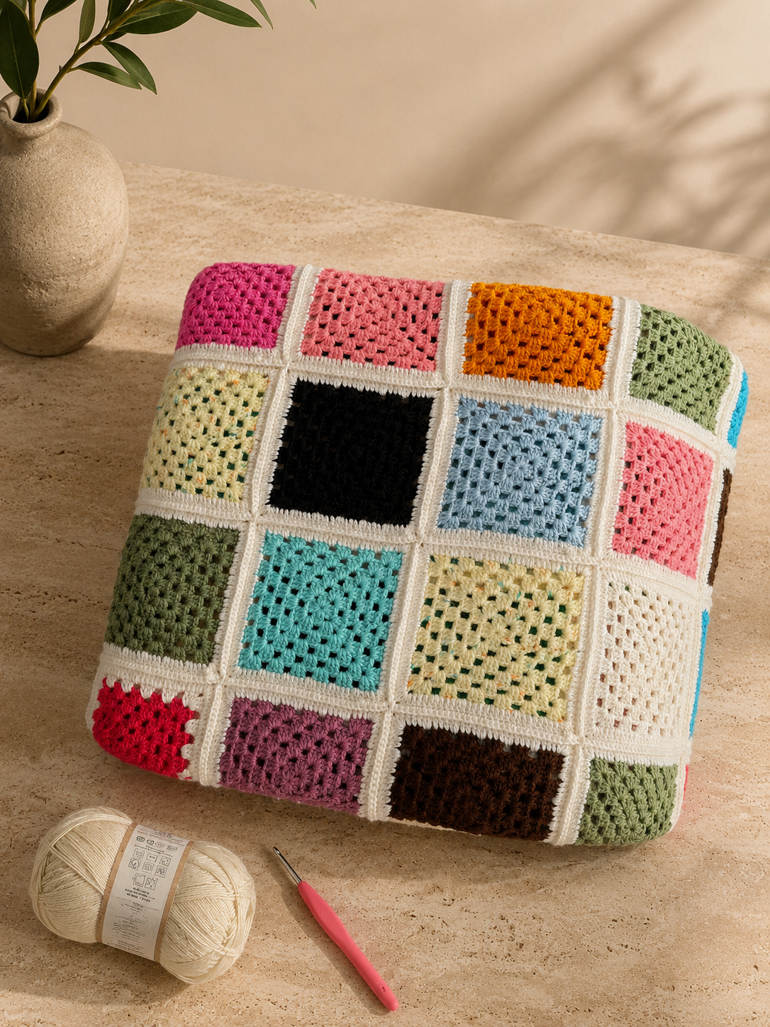 Folded handmade multicolour crochet blanket displayed upright on a travertine table with yarn and a crochet hook.