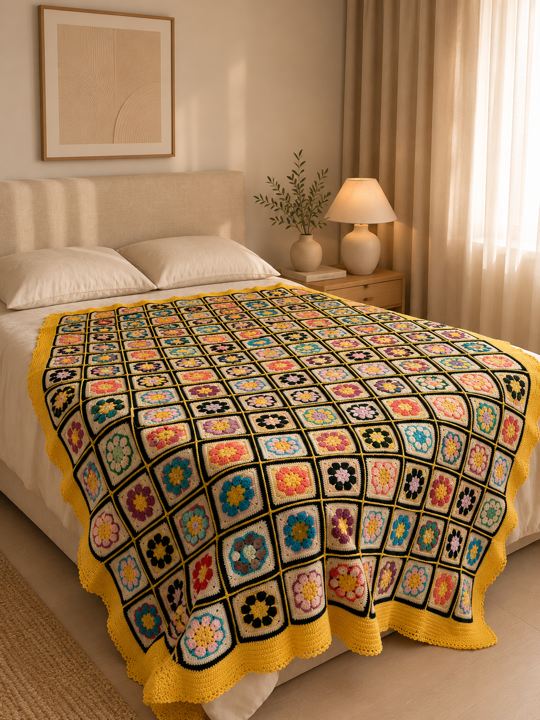 Multicolour crochet motif blanket draped over a bed with its contrasting yellow lower and side borders clearly visible.