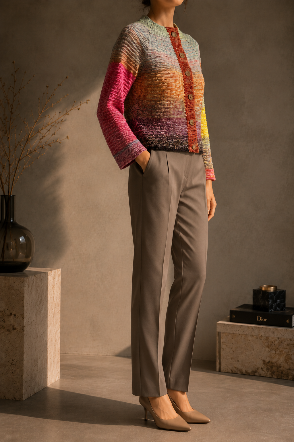 Front styled view of the multicolour crochet cardigan showing its fitted shape and six-button closure.