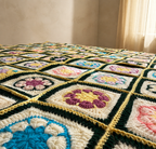 Close-up of the blanket surface showing individually crocheted floral motifs, repeated colour changes and dark joining lines.
