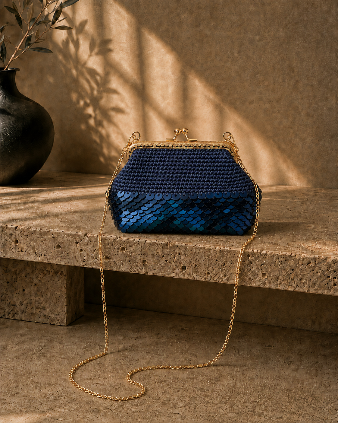 Navy handmade crochet evening bag resting on a stone step, showing the detachable chain and softly rounded silhouette.