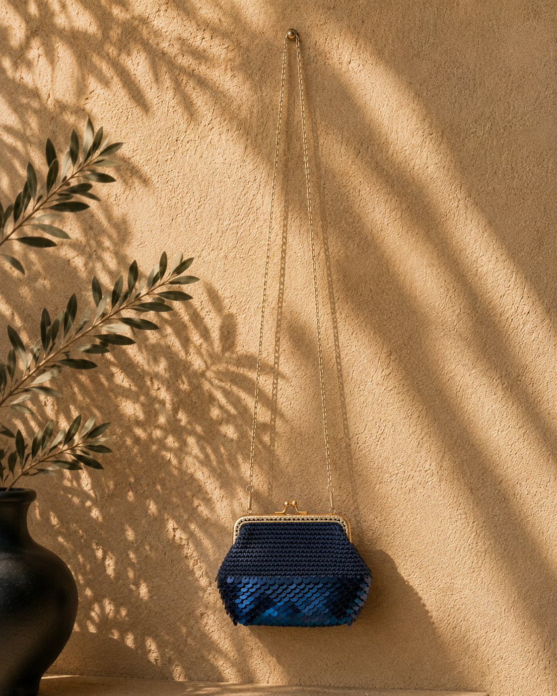 Navy handmade crochet evening bag with partial sequin detailing placed on a warm studio wall with olive-branch shadows.