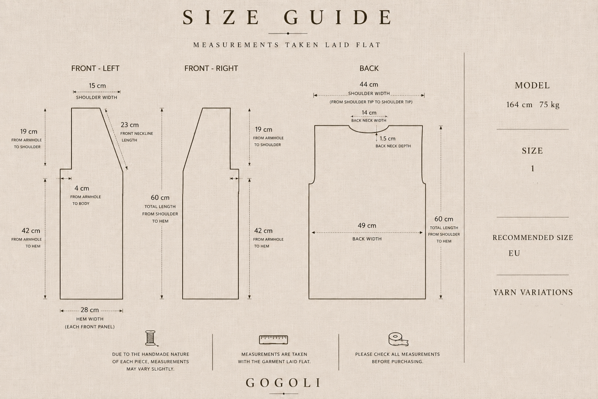 Size 1 measurement guide for the cream and yellow crochet vest versions with front, back, shoulder, neckline and length measurements.
