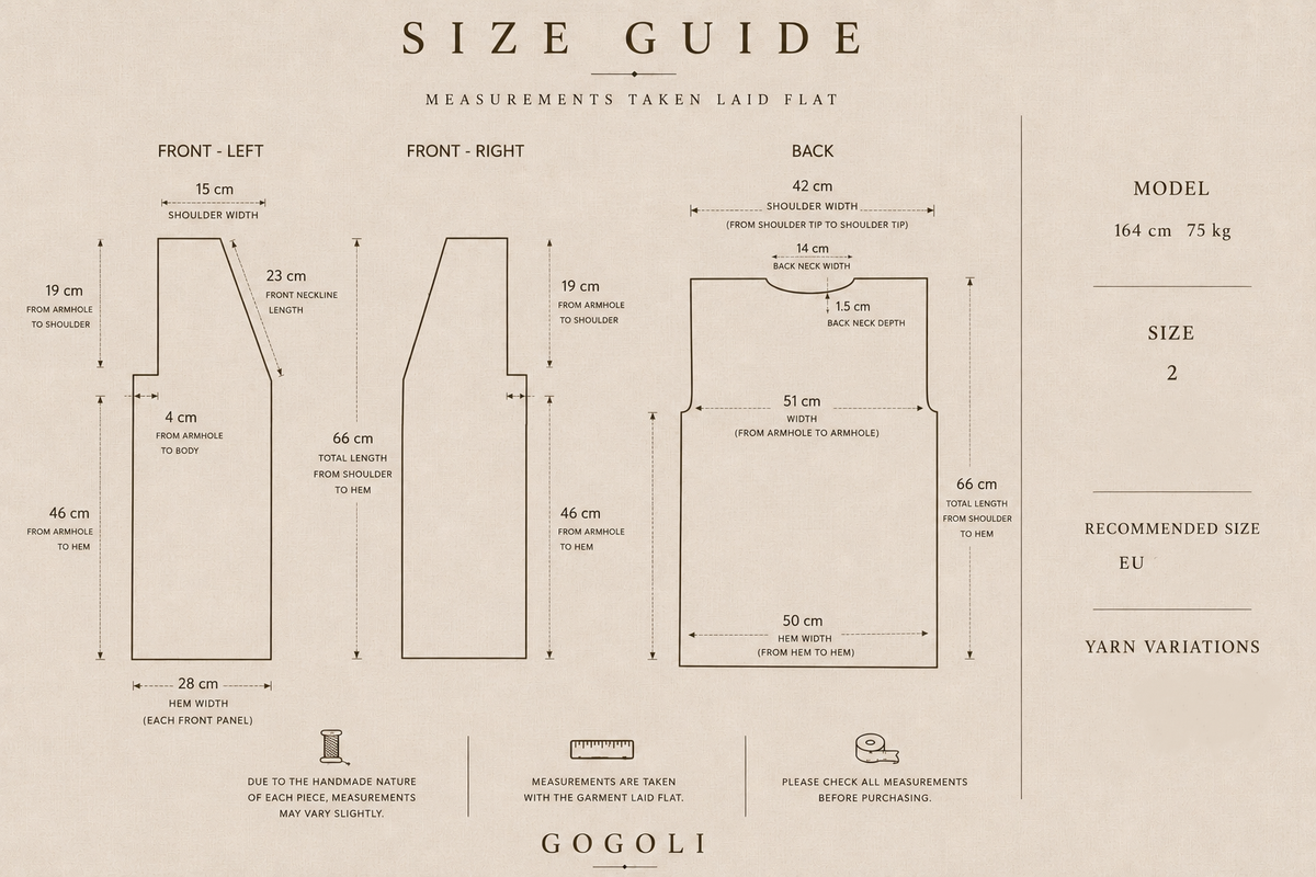 Size 2 measurement guide for the light pink crochet vest version with front, back, shoulder, width and length measurements.