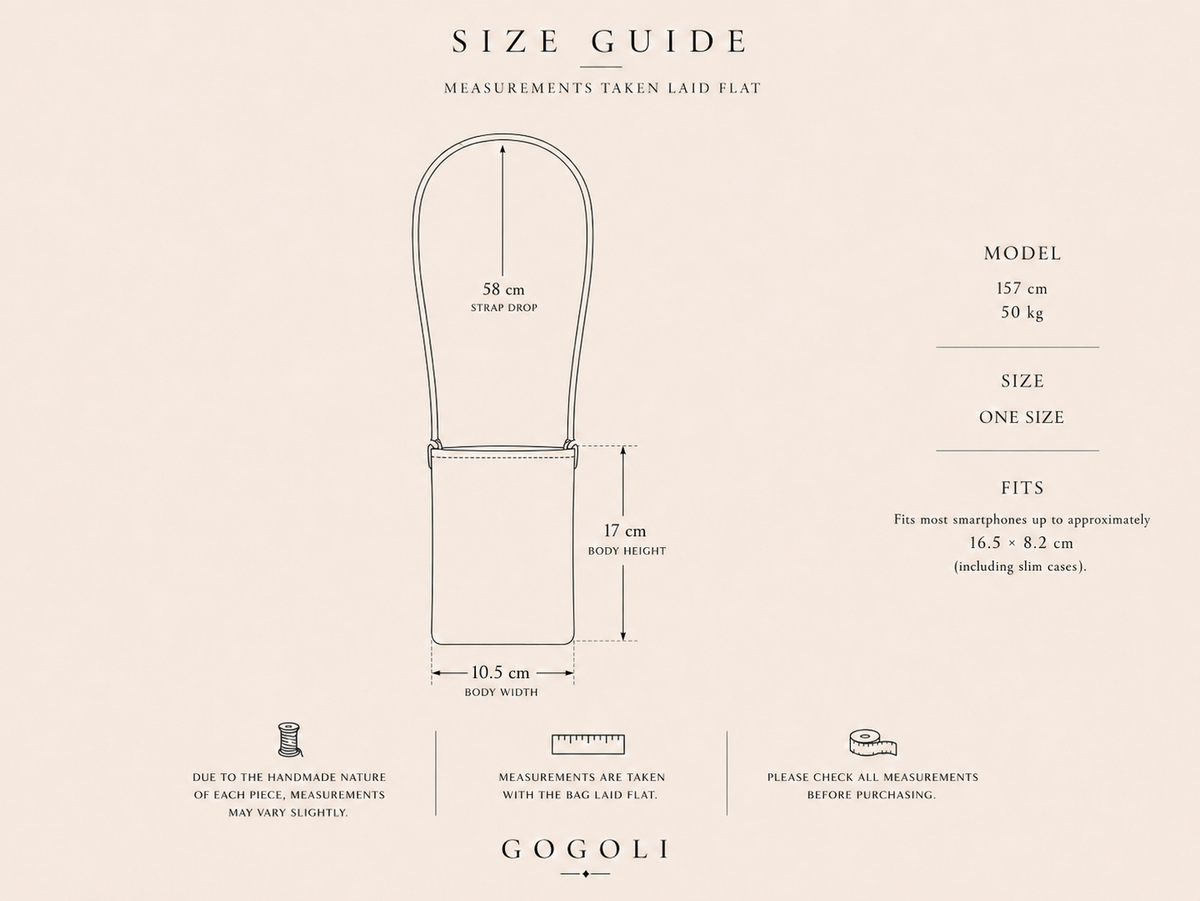 Size guide showing the measurements and strap length of the crochet phone bag.