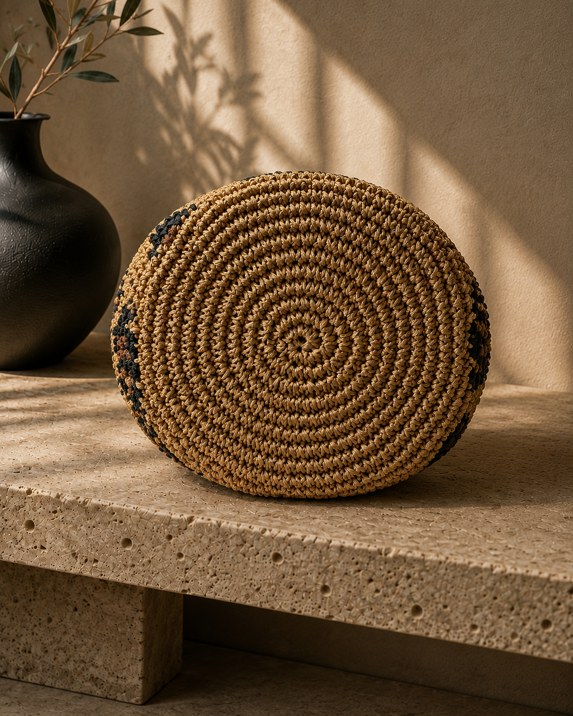 Bottom view of the handmade paper yarn handbag showing the tightly crocheted oval base in natural tan and black yarn.