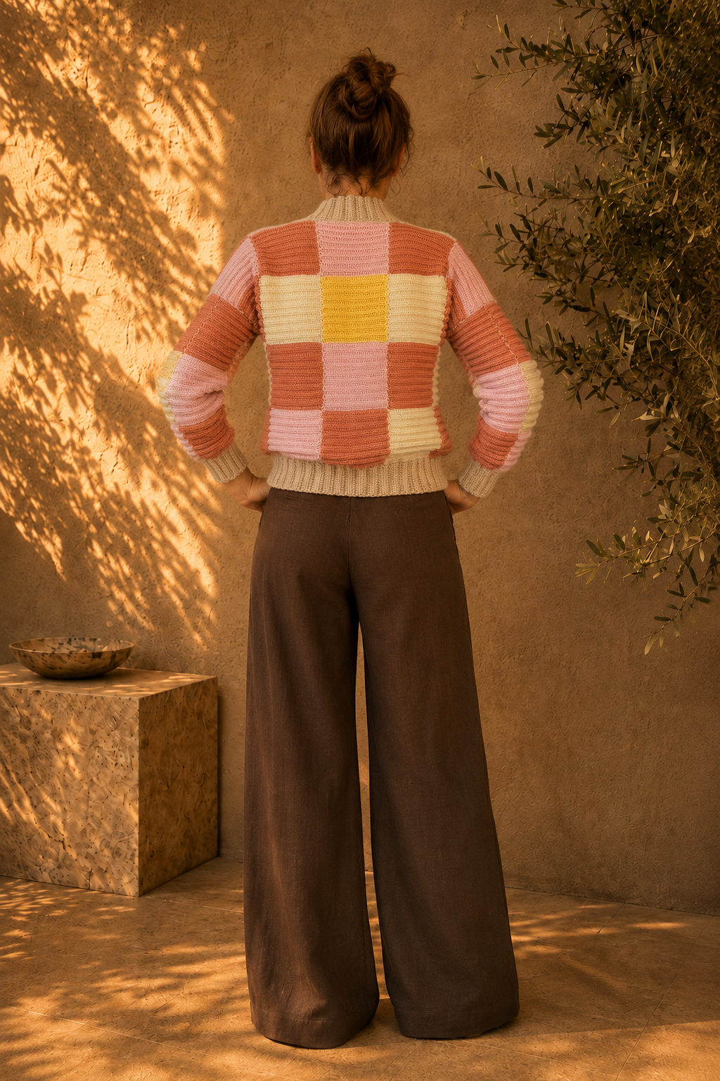 Back view of the handmade patchwork crochet cardigan showing the multicolour block arrangement across the body and sleeves.