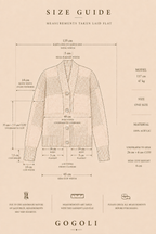 Size guide for the patchwork crochet cardigan showing a 48 cm body width, 135 cm total sleeve-to-sleeve width and a four-button front closure.