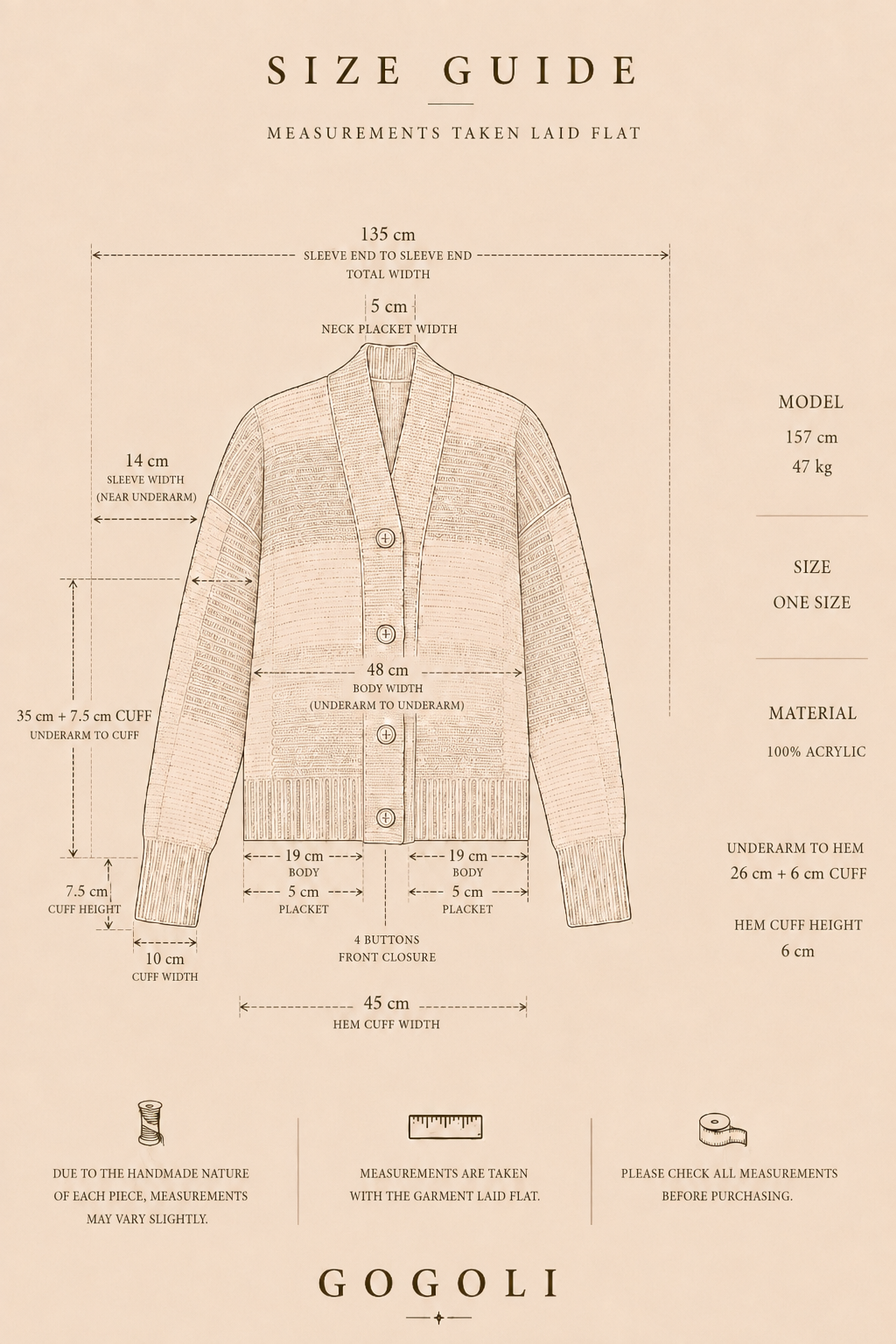 Size guide for the patchwork crochet cardigan showing a 48 cm body width, 135 cm total sleeve-to-sleeve width and a four-button front closure.