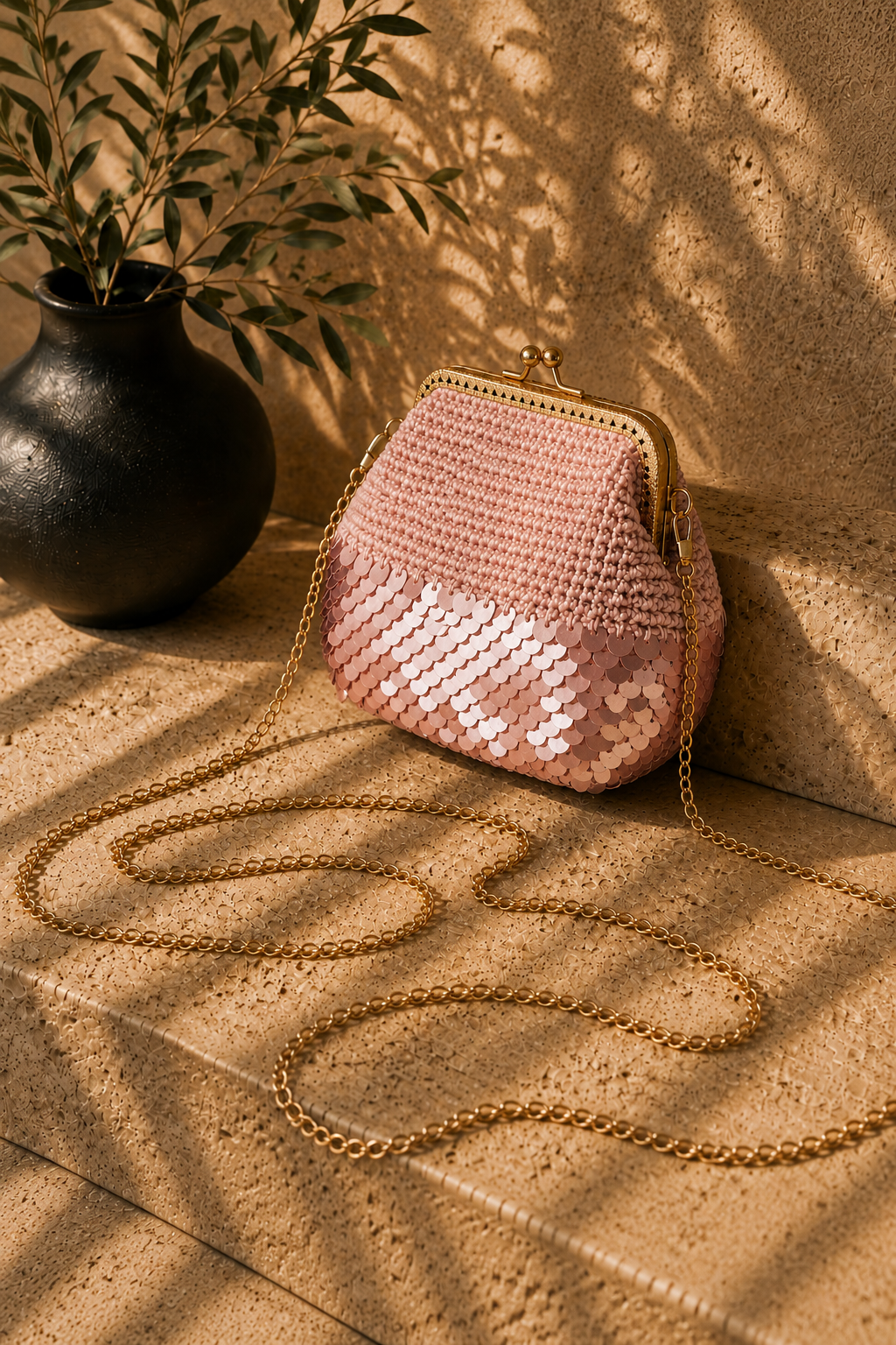Powder pink handmade crochet evening bag with partial sequin detailing, a rose gold-tone kiss-lock frame and detachable chain strap.
