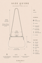Size guide for the red sequin clutch showing a 15 cm frame width, 8 cm body height, 15 by 5.5 cm base and 115 cm chain.