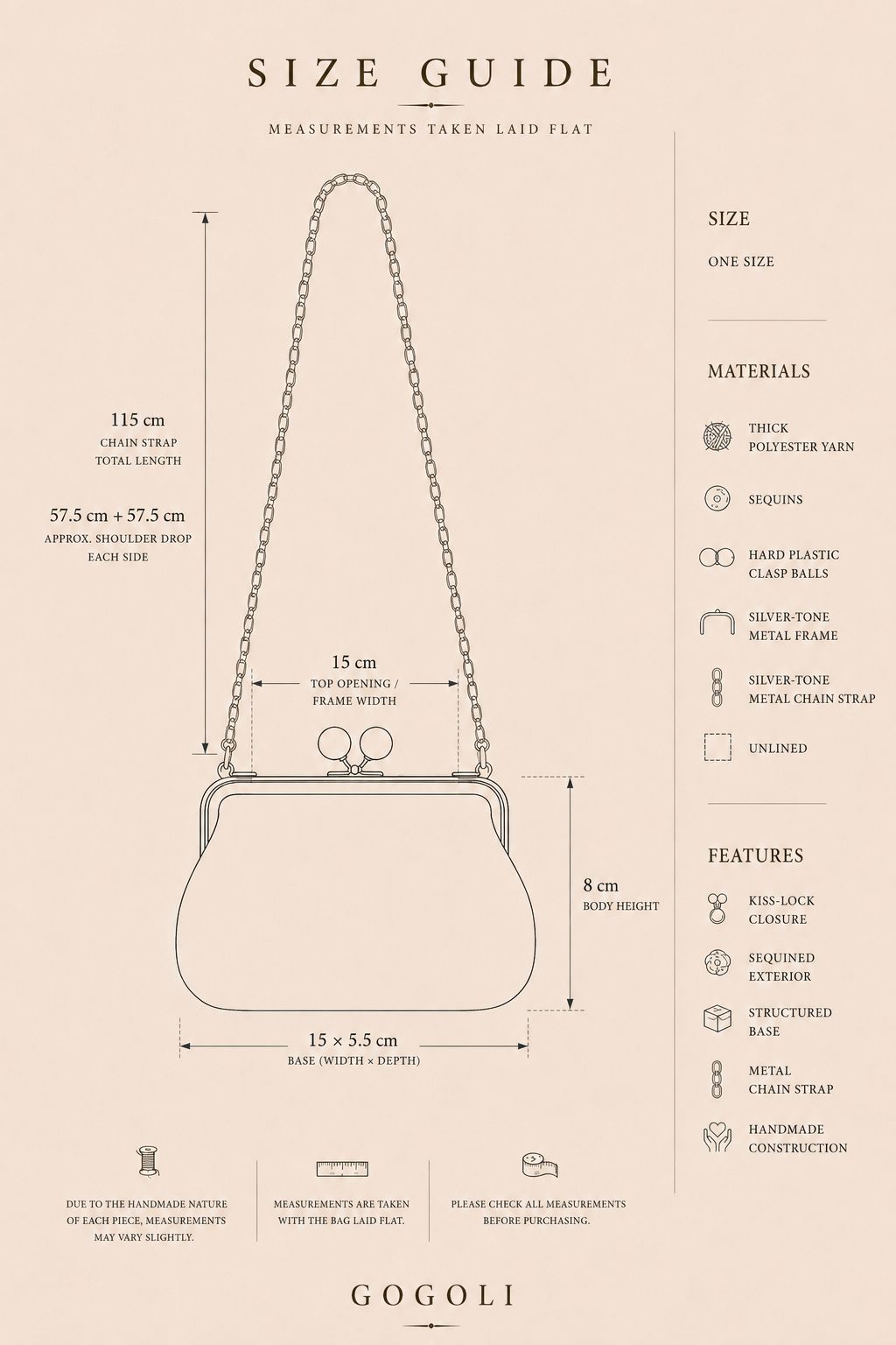 Size guide for the red sequin clutch showing a 15 cm frame width, 8 cm body height, 15 by 5.5 cm base and 115 cm chain.