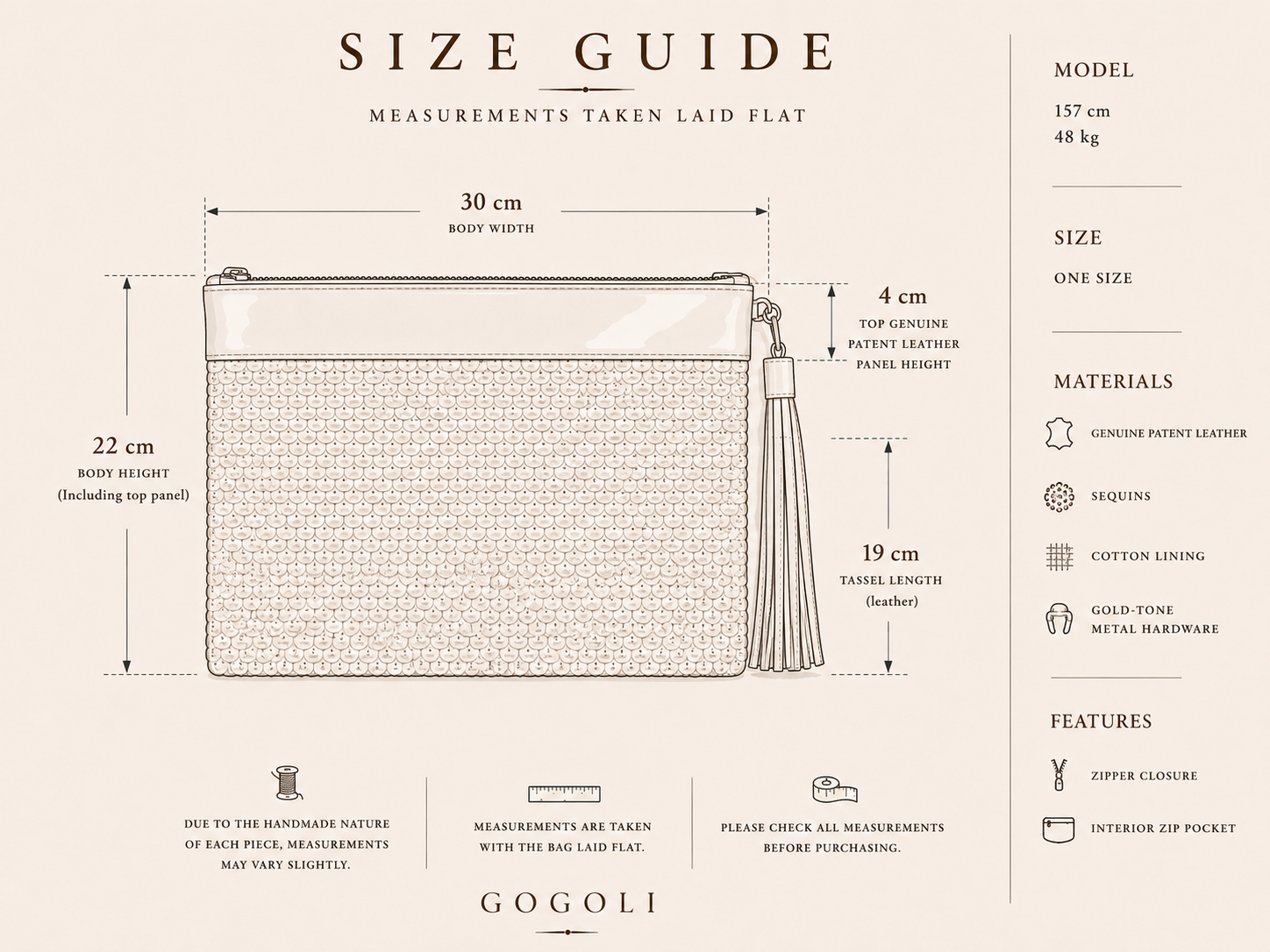 Size guide for the handmade red sequin clutch bag with product measurements.