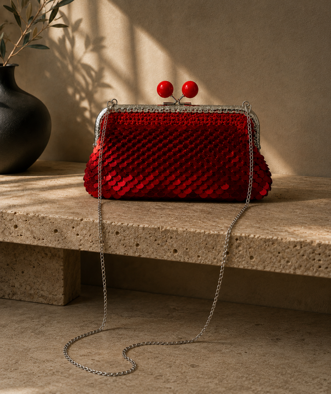 Red sequin evening bag displayed with its full silver-tone chain strap and kiss-lock frame on a stone surface.