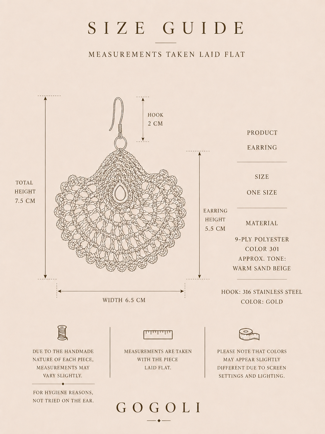 Size guide for the round crochet earrings showing a 7.5 cm total height, 6.5 cm width and 2 cm hook length.
