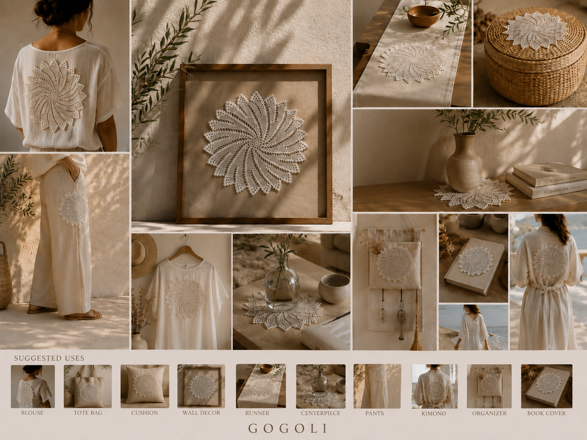 Collage showing possible uses for one round crochet lace motif on clothing, cushions, bags and home textiles.