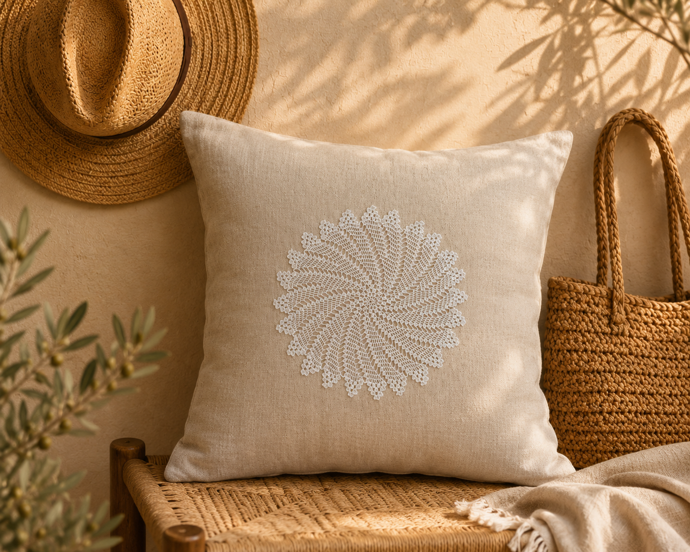 White round crochet lace motif centred on a neutral cushion as a decorative application idea.