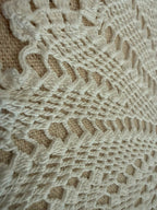 Close-up of the pointed decorative outer edge and open crochet stitches of the white lace motif.