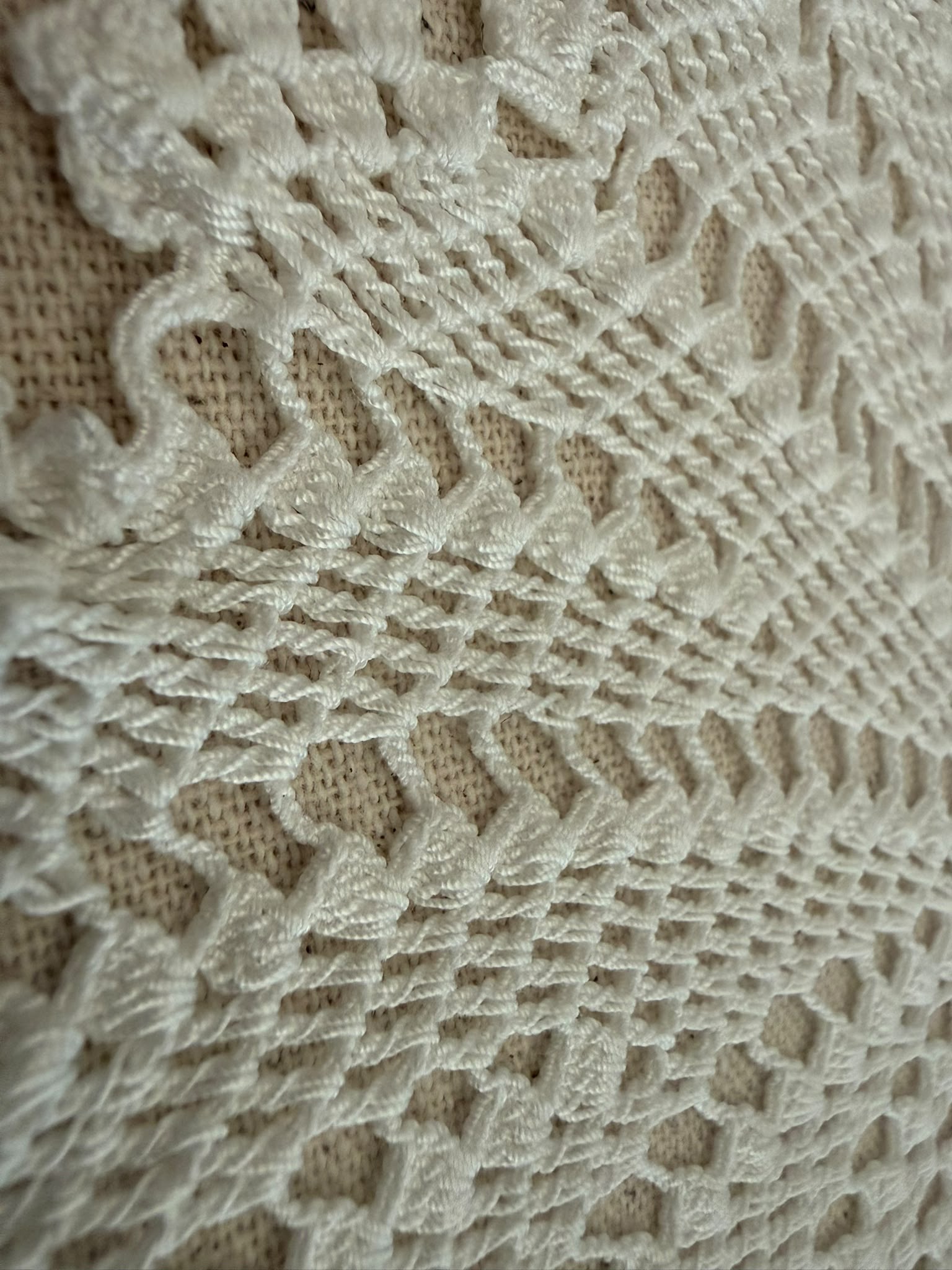 Close-up of the pointed decorative outer edge and open crochet stitches of the white lace motif.