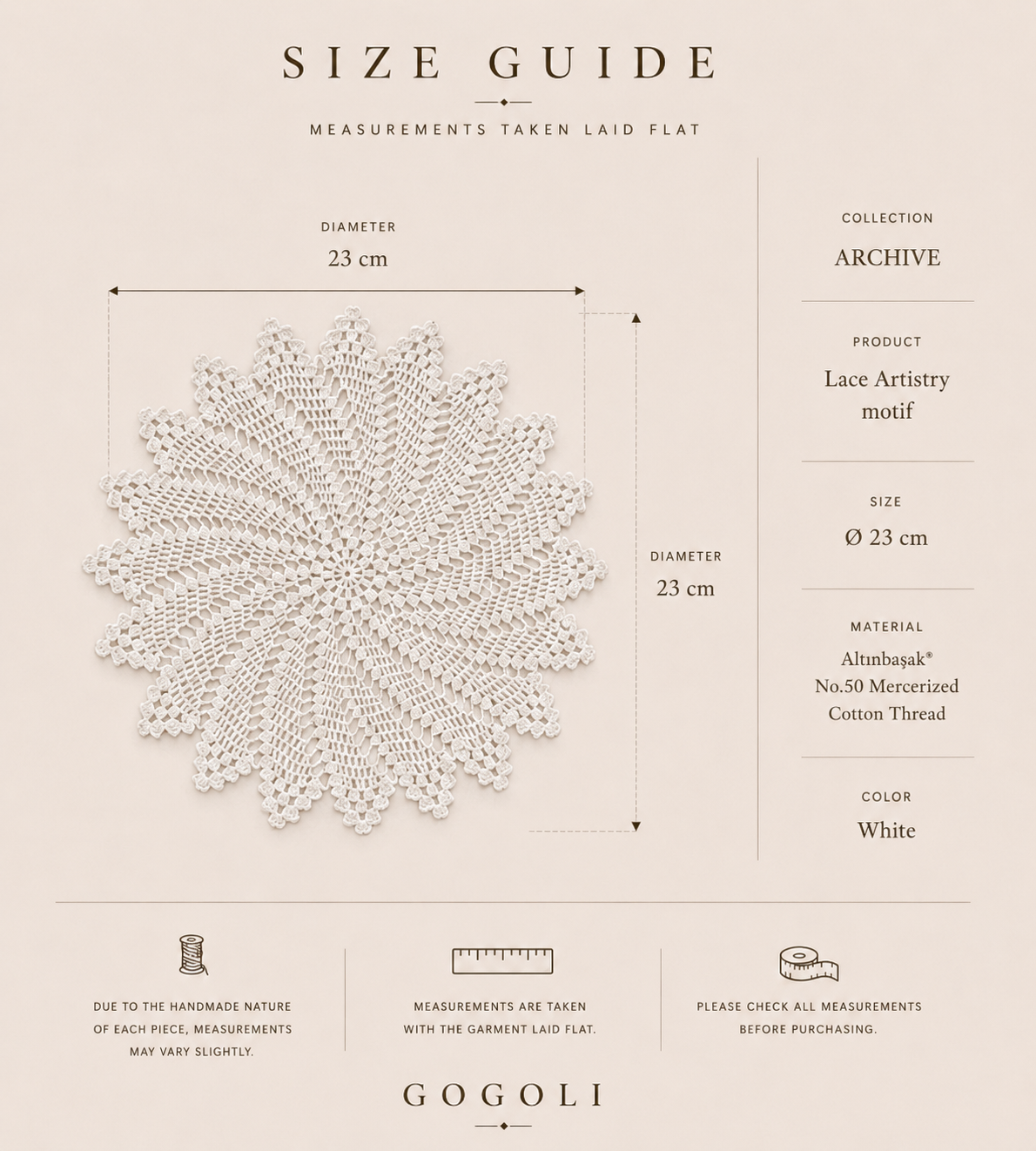 Size guide for the handmade round crochet lace motif measuring approximately 23 cm in diameter.