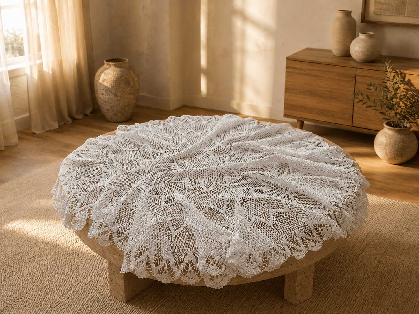 Front view of the white round crochet lace table topper arranged naturally over a small circular table.