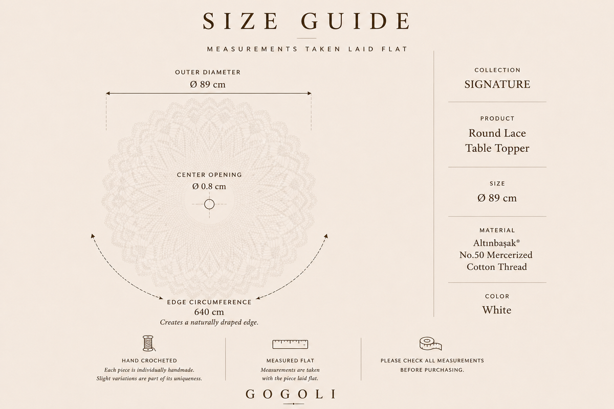 Size guide for the handmade round crochet lace table topper measuring approximately 89 cm in diameter.