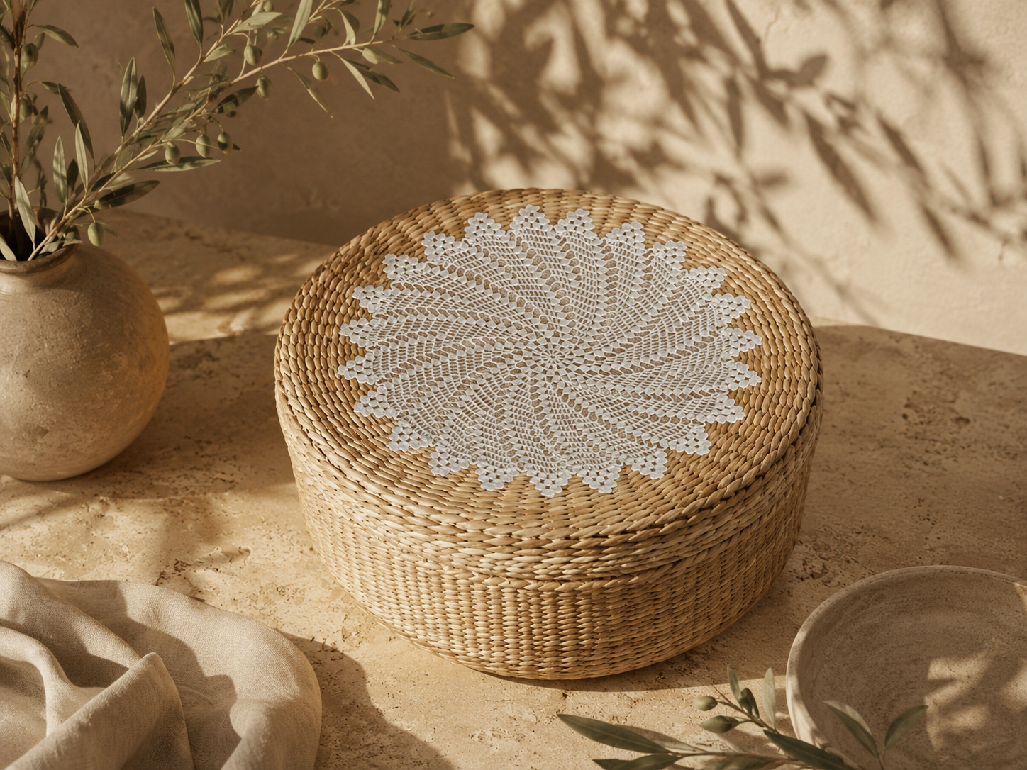 White round crochet lace motif arranged on the lid of a woven basket as a decorative styling idea.