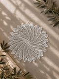 Handmade white round crochet lace motif with a radiating floral pattern and softly pointed outer edge.