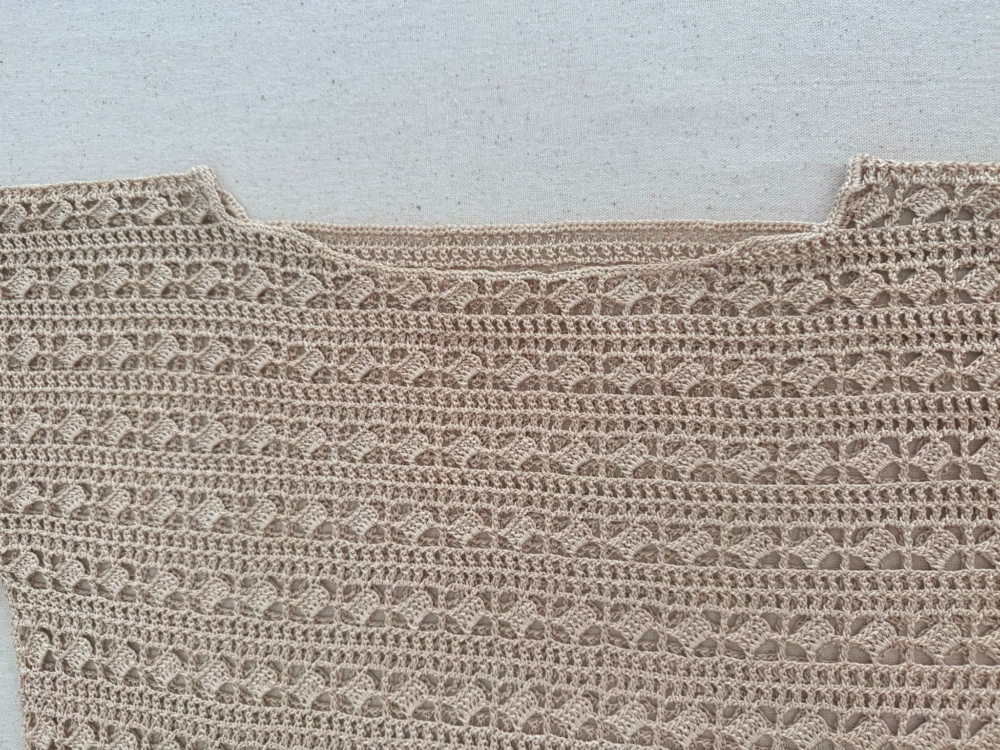 A close-up photo of a handmade crocheted blouse shows the neckline and the textured polyester yarn.