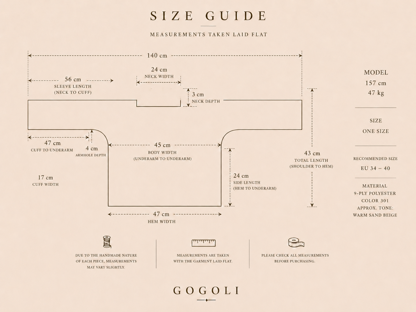 Size guide for the sand-beige crochet blouse showing a 140 cm cuff-to-cuff width, 43 cm total length and one-size measurements.