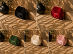 Colour options for the handmade crochet evening bag shown in black, red, green, cream and powder pink.