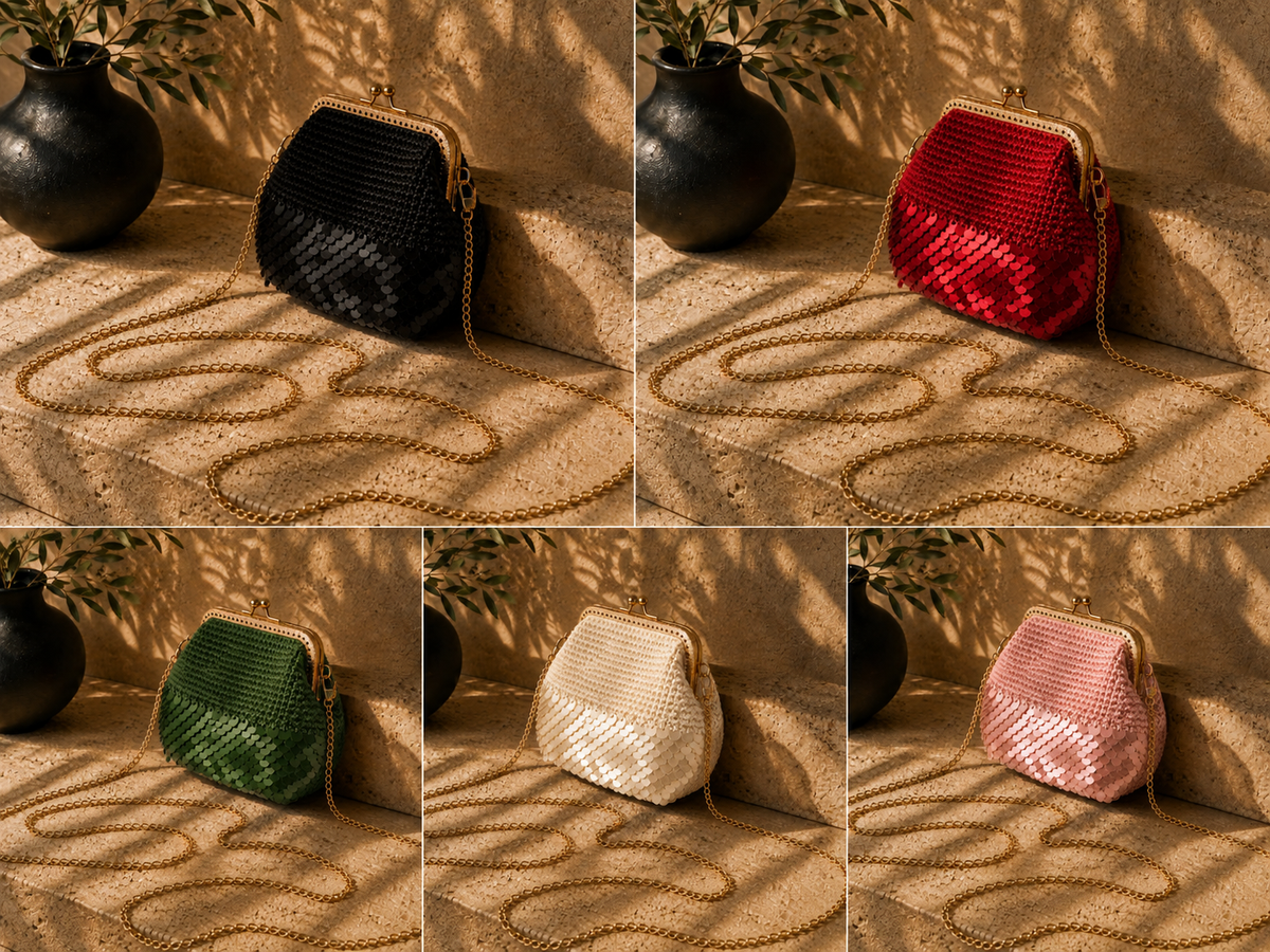 Colour options for the handmade crochet evening bag shown in black, red, green, cream and powder pink.